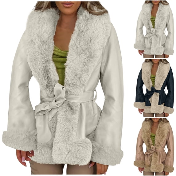 Lovskoo Womens Winter Coats Faux Fur Jacket Thick Warm Open Front Cardigan Long Sleeve Solid Color Stand-Up Collar Cardigan Outerwear Padded Coat