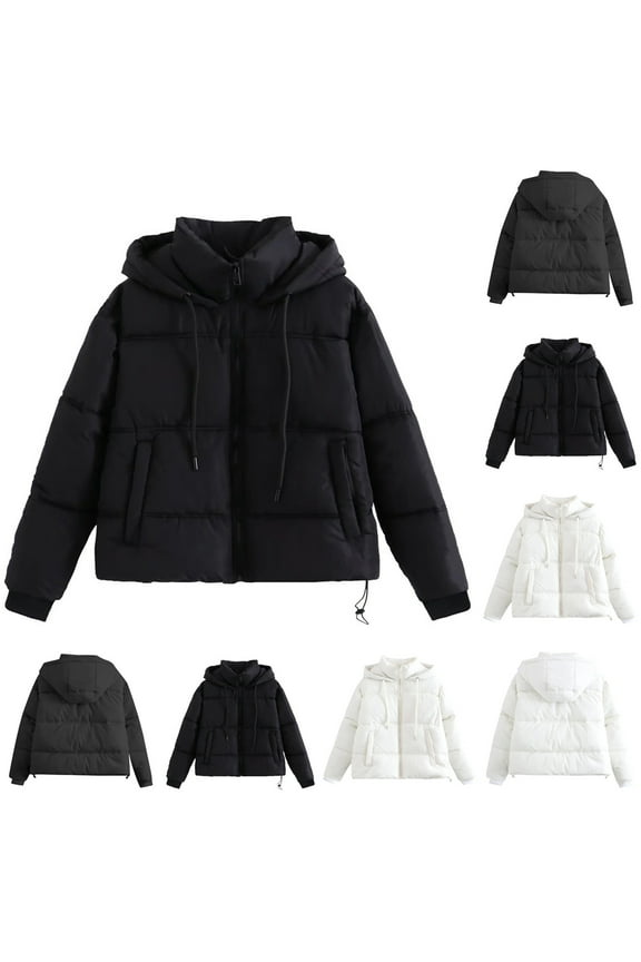 Womens Winter Coats Hooded Quilted Jacket Fall Casual Comfortable Long Sleeve Zipper Pocket Drawstring Parkas Cotton Padded Outerwear White