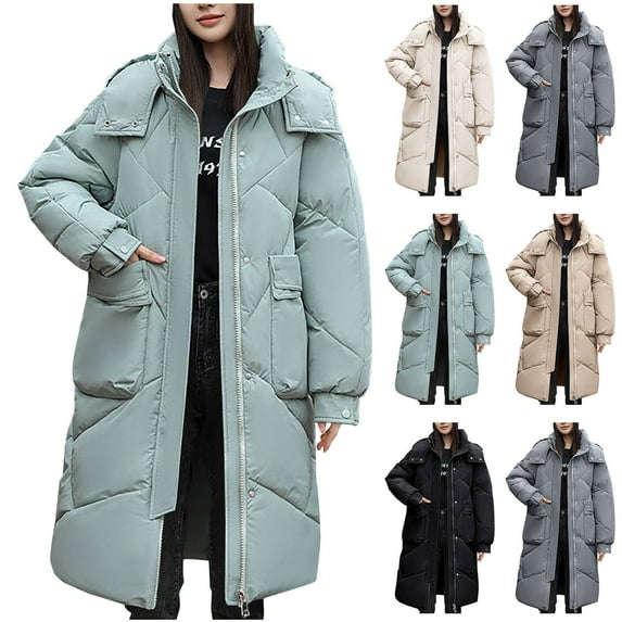 Lovskoo Womens Winter Coats Hooded Quilted Jacket Warm Pocket Long Jacket Long Sleeve Parkas Outerwear Cotton Padded Outerwear Gray