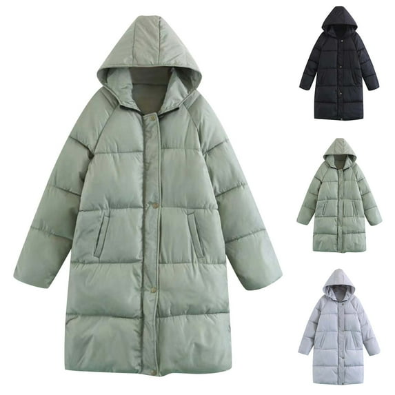 Lovskoo Womens Winter Coats Hooded Quilted Jacket Warm Pocket Turn Down Collar Long Sleeve Jacket Parkas Coat Cotton Padded Outerwear Green