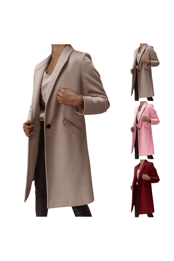 Womens Winter Coats One Button Pea Coat Solid Color Lapel Pocket Button Long Woolen Coat Jacket Cardigan Jacket Trench Coat Overcoat Claret