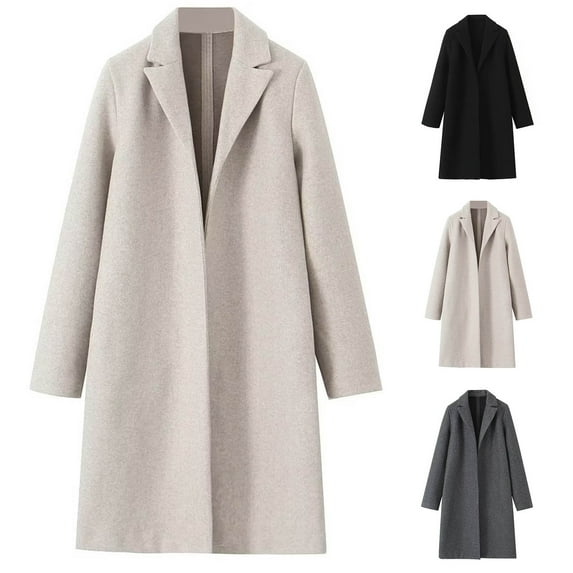 Lovskoo Womens Winter Coats Open Front Wrap Coat Pea Coat Fall Lapel Woolen Cloth Coat Trench Jacket Long Overcoat Outwear Beige
