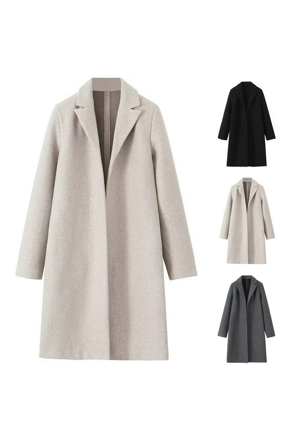 Womens Winter Coats Open Front Wrap Coat Pea Coat Fall Lapel Woolen Cloth Coat Trench Jacket Long Overcoat Outwear Black