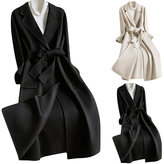 Lovskoo Womens Winter Coats Open Front Wrap Coat Pea Coat Woolen Coat Girl Mid Length Style Woolen Coat Woolen Coat Trench Coat Overcoat Black