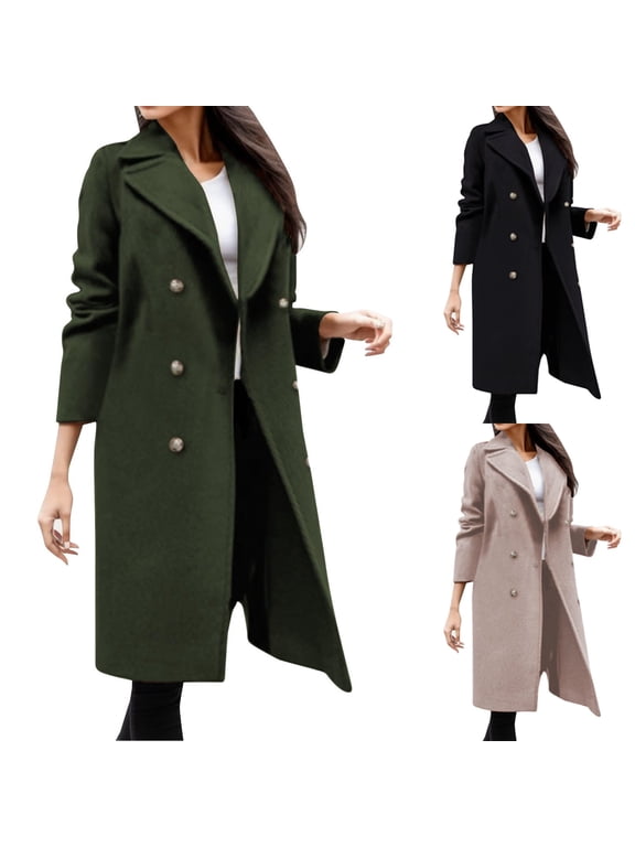 Womens Winter Coats Pea Coat Casual Double Breasted Outwear Cardigan Slim Coat Overcoat Trench Coat Black