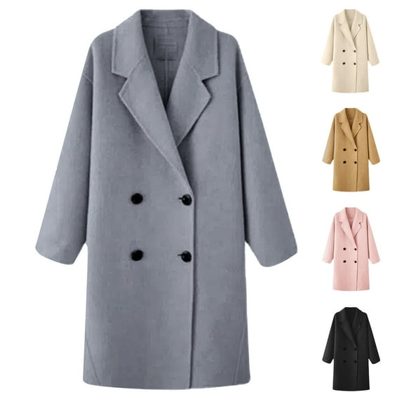 Lovskoo Womens Winter Coats Pea Coat Temperament Long Sleeve Double Breasted Lapel Collar Woolen Coat Solid Color Overcoat Trench Coat Gray
