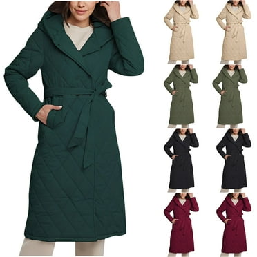 Lovskoo Womens Winter Coats Quilted Jacket Long Padded Jacket Long Sleeve Hooded Warm Waist Jacket Loose Casual Padded Jacket Olive Green