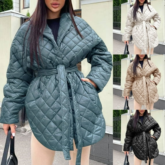 Lovskoo Womens Winter Coats Quilted Jacket Long Sleeve Casual Trend Lapel Single Breasted Pocket Medium Long Padded Coat Beige
