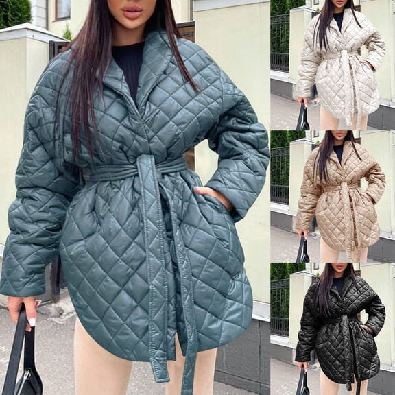 Lovskoo Womens Winter Coats Quilted Jacket Long Sleeve Casual Trend Lapel Single Breasted Pocket Medium Long Padded Coat Light Blue