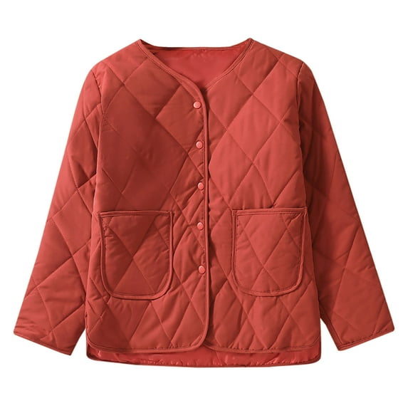 Lovskoo Womens Winter Coats Quilted Jacket Long Sleeve Diamond Plaid Pockets Collarless Lightweight Cotton Padded Jacket Red