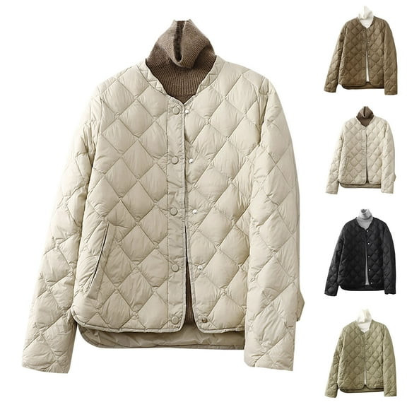 Lovskoo Womens Winter Coats Quilted Jacket Long Sleeve Lightweight Large Size Slim Zipper Short Outerwear Cotton Padded Outerwear Beige