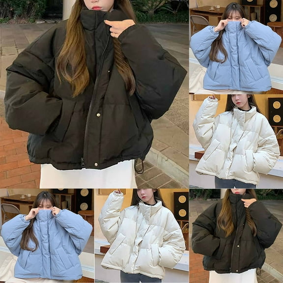 Lovskoo Womens Winter Coats Quilted Jacket Long Sleeve Loose Stand Collar Thickened Cotton Clip Warm Cotton Padded Coat Black