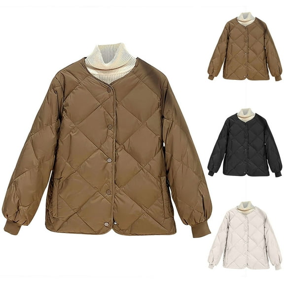 Lovskoo Womens Winter Coats Quilted Jacket Long Sleeve Solid Round Neck Pocket Cotton Padded Coat Coffee