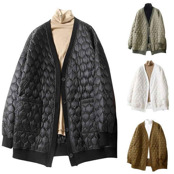 Lovskoo Womens Winter Coats Quilted Jacket Long Sleeve Solid V Neck Button Open Cardigan Outerwear Padded Coat Coffee