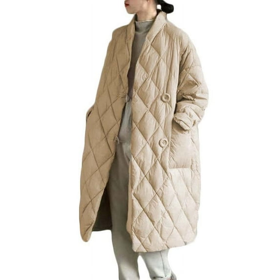 Lovskoo Womens Winter Coats Quilted Jacket Long Sleeve Thin Loose Warm Mid Length Large Pocket Cotton Padded Coat Beige