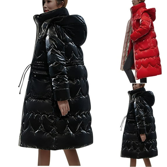 Lovskoo Womens Winter Coats Quilted Jacket Long Sleeve Woolen Cotton Padded Jacket Pocket Zipper Medium Length Hooded Jacket Black