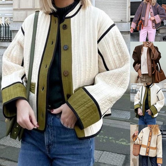 Lovskoo Womens Winter Coats Quilted Jacket Long Sleeve Zipper Round Neck Single Breasted Button Thickened Cotton Padded Jacket with Warm Plush Jacket Khaki