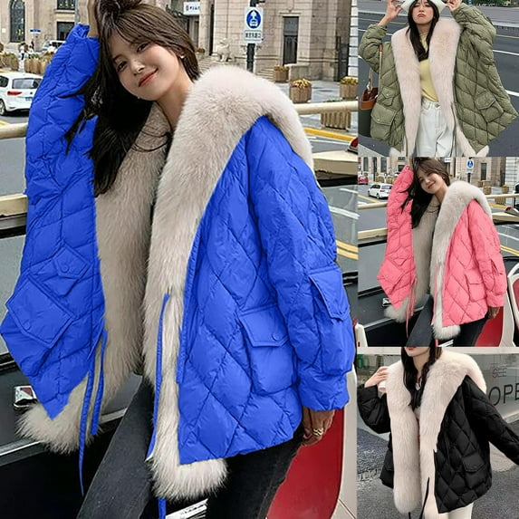 Lovskoo Womens Winter Coats Quilted Jacket Solid Color Faux Fur Keep Warm Long Sleeves Pocket Jacket Coat Cotton Padded Outerwear Blue