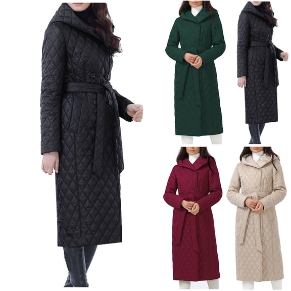 Lovskoo Womens Winter Coats Quilted Jacket Warm Clothes Plus Size Hooded Cotton Padded Coat Long Sleeve Jacket Black