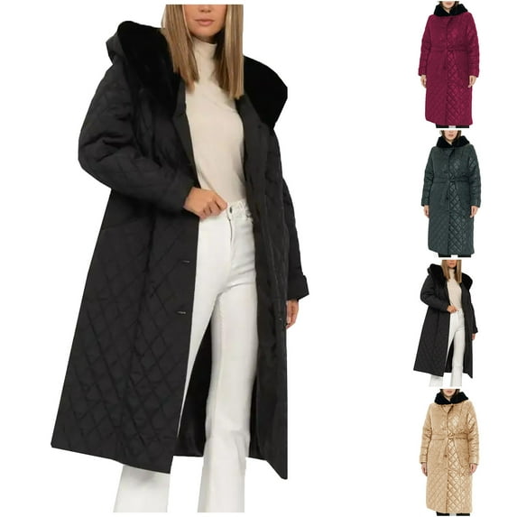 Lovskoo Womens Winter Coats Quilted Jacket Warm Clothes Plus Size Hooded Cotton Padded Coat Long Sleeve Jacket Black