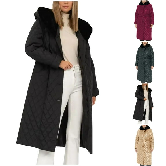 Lovskoo Womens Winter Coats Quilted Jacket Warm Clothes Plus Size Hooded Cotton Padded Coat Long Sleeve Jacket Black
