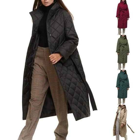 Lovskoo Womens Winter Coats Quilted Jacket Warm Clothes Plus Size Lapel Cotton Padded Coat Long Sleeve Jacket Green