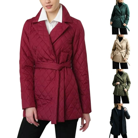 Lovskoo Womens Winter Coats Quilted Jacket Warm Clothes Plus Size Lapel Cotton Padded Coat Long Sleeve Jacket Green