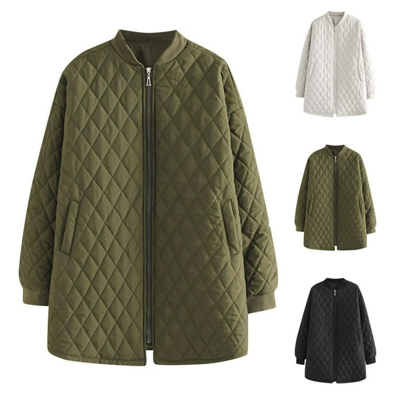 Lovskoo Womens Winter Coats Quilted Jacket Warm Pocket Turn Down Collar Long Sleeve Jacket Parkas Outerwear Cotton Padded Outerwear Olive Green