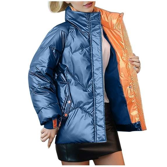 Lovskoo Womens Winter Coats Quilted Jacket Zipper Long Sleeve Hooded Cotton Padded Jacket Dark Blue
