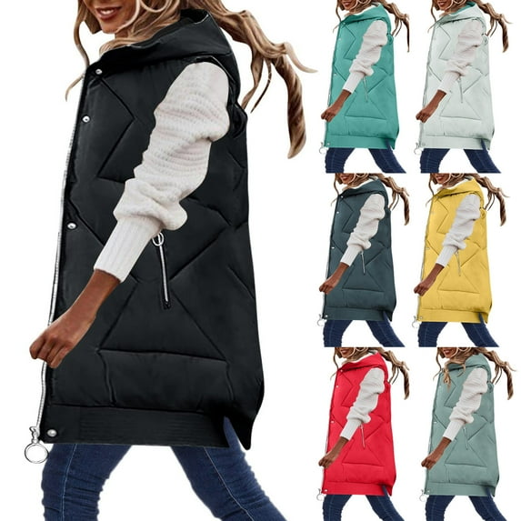 Lovskoo Womens Winter Coats Quilted Puffer Vest Warm Pocket Hooded Coat Long Jacket Sleeveless Parkas Outerwear Cotton Padded Outerwear Yellow