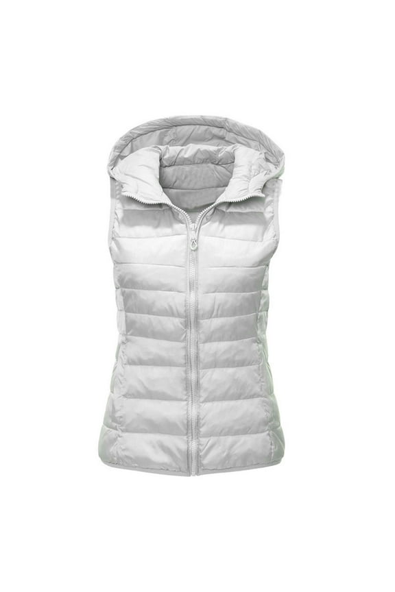 Womens Winter Coats Quilted Puffer Vest Zipper Warm Jacket Hooded Casual Sleeveless Down Versatile Outerwear Cotton Padded Outerwear White