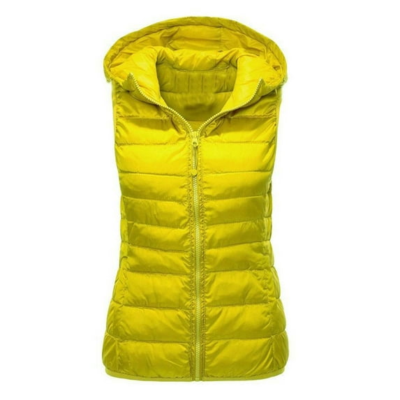 Lovskoo Womens Winter Coats Quilted Puffer Vest Zipper Warm Jacket Hooded Casual Sleeveless Down Versatile Outerwear Cotton Padded Outerwear Yellow