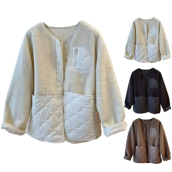 Lovskoo Womens Winter Coats Shearling Patchwork Quilted Jacket Warm Pocket Long Sleeve Outerwear Cotton Padded Outerwear Black