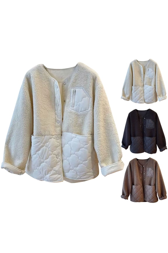 Womens Winter Coats Shearling Patchwork Quilted Jacket Warm Pocket Long Sleeve Outerwear Cotton Padded Outerwear Black
