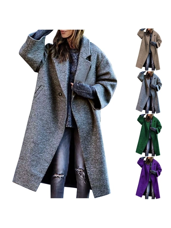 Womens Winter Coats Single Breasted Pea Coat Fall Straight Cardigan Button Pocket Coat Trench Coat Overcoat Purple