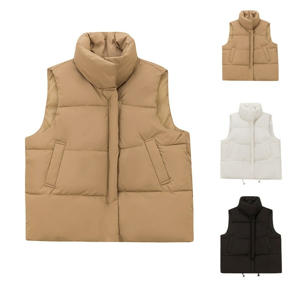 Lovskoo Womens Winter Coats Stand Collar Quilted Puffer Vest Sleeveless Loose Warm Thickened Cotton Padded Waistcoat Outerwear Beige