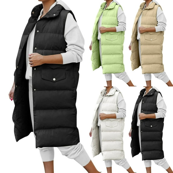 Lovskoo Womens Winter Coats Stand Collar Quilted Puffer Vest Warm Pocket Vest Coat Long Jacket Sleeveless Parkas Cotton Padded Outerwear Black