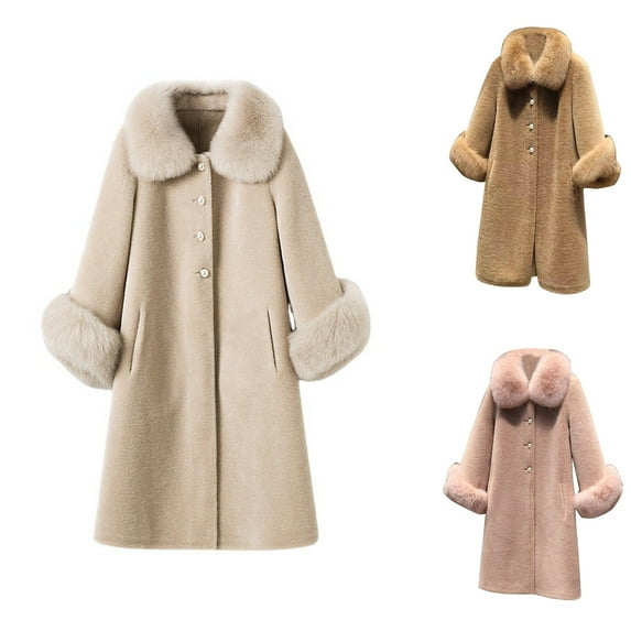Lovskoo Womens Winter Pea Coats Faux Fur Jacket Thick Warm Open Front Cardigan Long Sleeve Mid Length Fleece Button Coat Pink