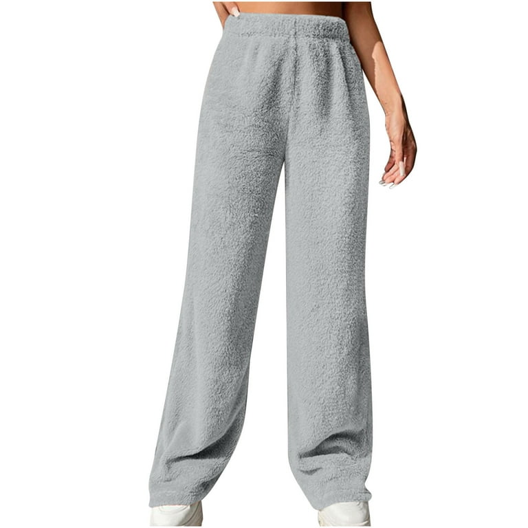 Lovskoo Womens Winter Plush Fluffy Pajama Pants with Pockets Wide Leg Warm  Fleece Lounge Pants Sleepwear Bottoms Gray