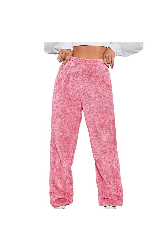 Womens Winter Plush Fluffy Pajama Pants with Pockets Wide Leg Warm Fleece Lounge Pants Sleepwear Bottoms Hot Pink
