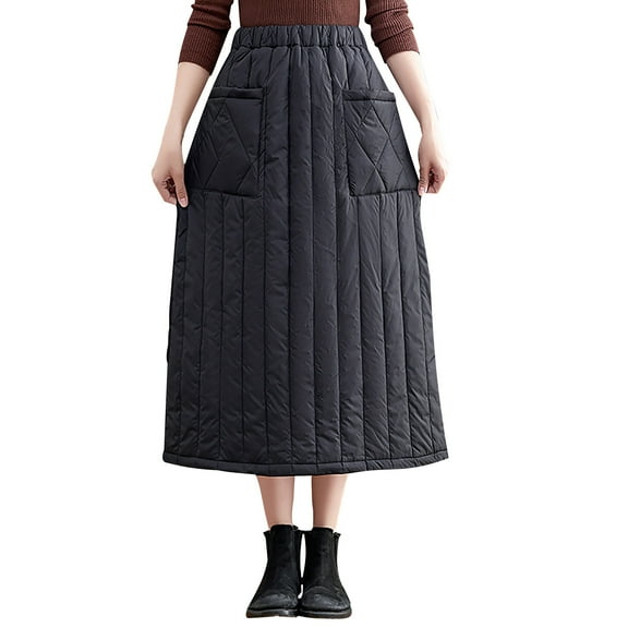 Lovskoo Womens Winter Warm Button Up Padded Quilted Midi Long Puffer Skirt with Pocket Black