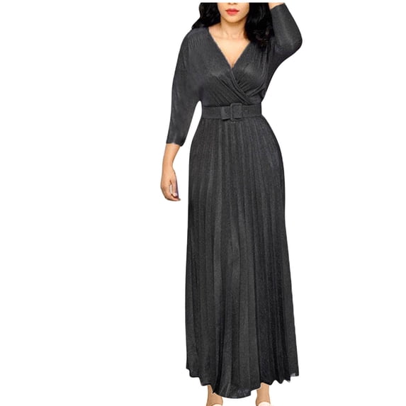 Lovskoo Womens Wrap Midi Dresses Long Sleeve V Neck High Waist Pleated A-Line Dress 2025 Trendy Black