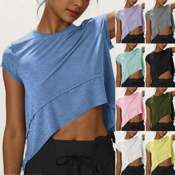 Lovskoo Workout Crop Tops for Women Loose Breathable Solid Color Short Sleeve Yoga T Shirts Running Cropped Tops Green