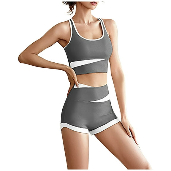 Lovskoo Workout Sets for Women 2 Piece Outfits Color Block Sleeveless Gym Shorts High Waisted Shorts Sports Bra Gym Sets Gray