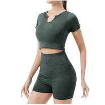 Lovskoo Workout Sets for Women 2 Piece Outfits Solid Color Short Sleeve Gym Shorts High Waisted Shorts Sports Bra Gym Sets Olive Green