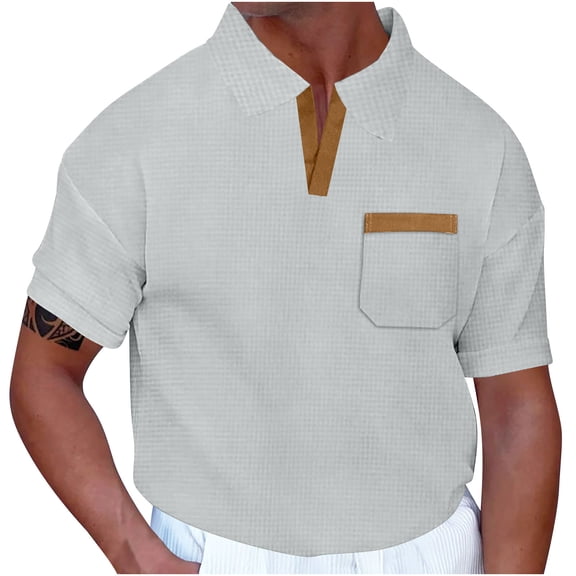 Lovskoo Workout Shirts for Men Collared Short Sleeve Solid Color Pullover Lapel Sports Top with Pockets Top Shirt Vacation Beach Summer Tops Gray