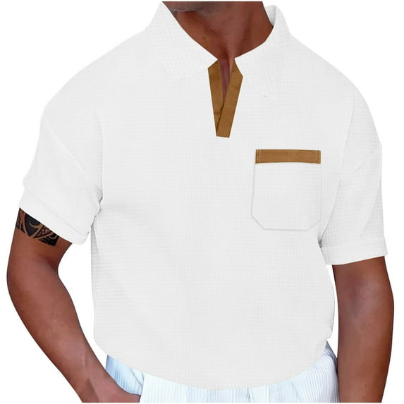 Lovskoo Workout Shirts for Men Collared Short Sleeve Solid Color Pullover Lapel Sports Top with Pockets Top Shirt Vacation Beach Summer Tops White
