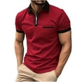 thumbnail image 1 of Lovskoo Workout Shirts for Men Collared Short Sleeve Solid Color Striped Zip Up Lapel Top Sports Lapel Top Shirt Vacation Beach Summer Tops Burgundy, 1 of 7