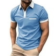 thumbnail image 1 of Lovskoo Workout Shirts for Men Collared Short Sleeve Solid Color Striped Zip Up Lapel Top Sports Lapel Top Shirt Vacation Beach Summer Tops Sky Blue, 1 of 8