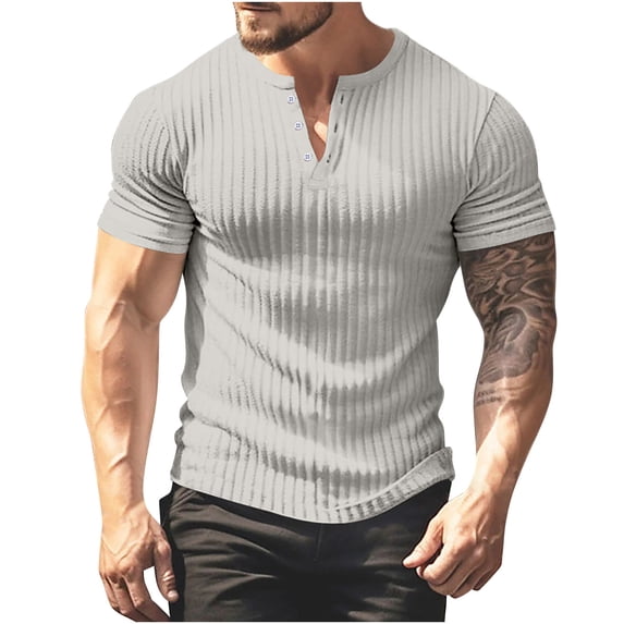 Lovskoo Workout Shirts for Men V Neck Short Sleeve Solid Color Striped Gradient Button Sports Top Shirt Vacation Beach Summer Tops Gray
